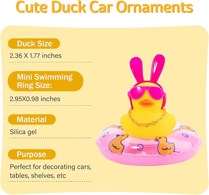 wonuu Car Duck Rubber Duck Car Ornaments Duck Car Dashboard Decorations with Cute Headband Swim Ring Necklace Sunglasses, B-Red Long Rabbit Ear Headband-Pink