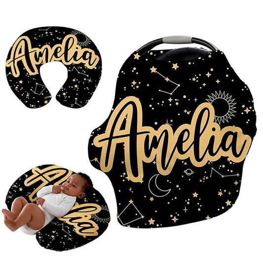 Custom Name Car Seat Canopy - Baby Car Seat Covers, Black Star Infant Stroller Cover, Carseat Canopy Christmas Birthday Gifts for Girls and Boys