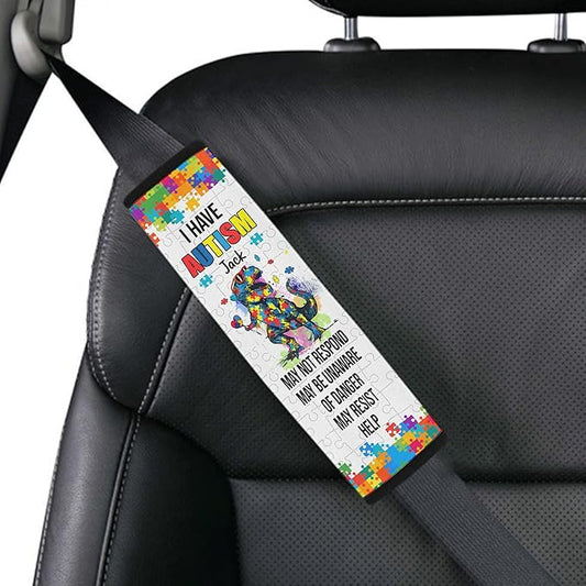AprilLove I Have Autism Dinosaur Personalized Name Autism Awareness Seat Belt Covers Special Need Autistic Car Seat Belt Covers for Kid Children Medical Alert, 7'' x 10''
