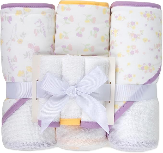 Jessica Simpson Baby 6-Piece Hooded Towel & Washcloth Set – Soft Polyester Baby Bath Towels – Butterfly & Lavender Floral Prints