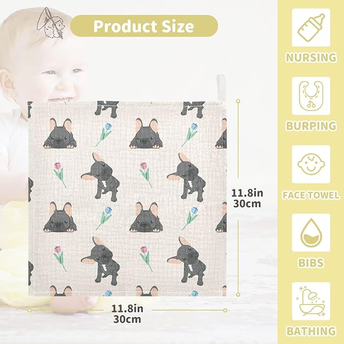 vvfelixl Baby Cotton Washcloths Black French Bulldog Infants Bath Towel for Unisex Face Towels for Newborn, Natural Baby Wipes Delicate Skin, 11.8 X 11.8 inch, one sizex5
