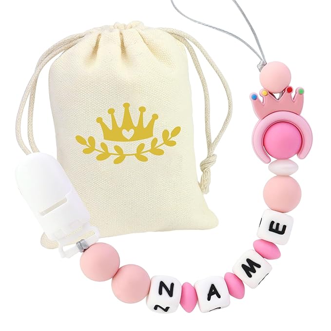 Personalized Pacifier Clip with Name, Custom Animal Pacifier Clip for Baby, Personalized Silicone Pacifier Holder - Boy and Girl Gift (Pink)