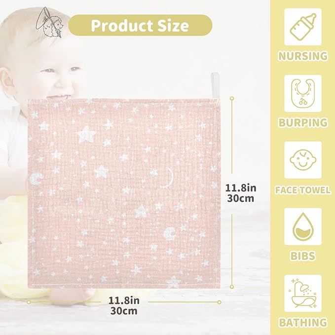 vvfelixl Moon Star Baby Burp Cloths, Baby Muslin Washcloths for Boys Girls, Cotton Baby Face Towel for Newborn Infants Soft and Absorbent 11.8 X 11.8 in, 5 Pack Pink