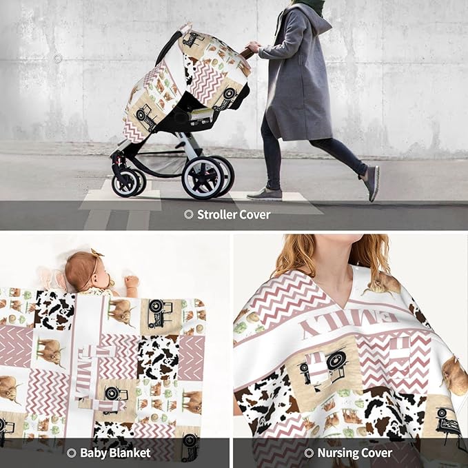 Personalized Baby Car Seat Canopy for Babies, Custom Name Car Seat Covers for Girls, Opening Minky Nursing Breastfeeding Cover for Infant, Carseat Canopies for Newborn (High Land Cow Pink)