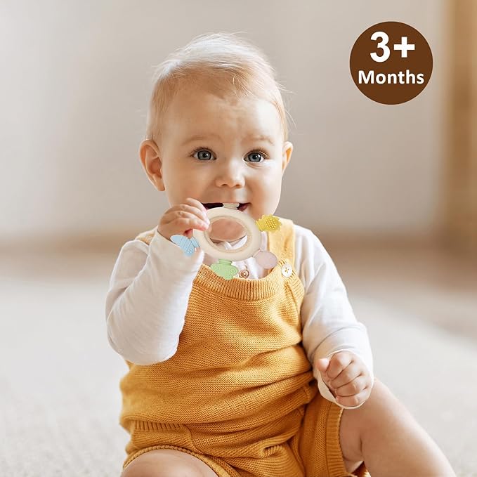 Socub 2 Pack Baby Teething Toys for Babies 0-6 Months, Silicone Teething Mitten and Wooden Ring Toy for Babies 6-12 Months, No Drop Teether Mitten and Ring Teether for Teething Relief(Dark Pink)