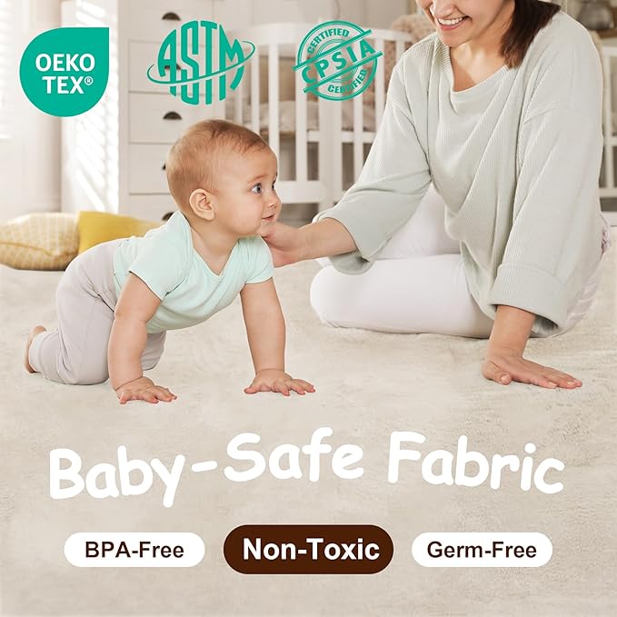 Baby Play Mat for Floor 59"x39", 1.3" Thick Memory Foam Playpen Mat, Ultra Soft Coral Velvet, Non-Slip & Water-Resistant, Ideal for Crawling & Play for Infants, Toddlers & Kids