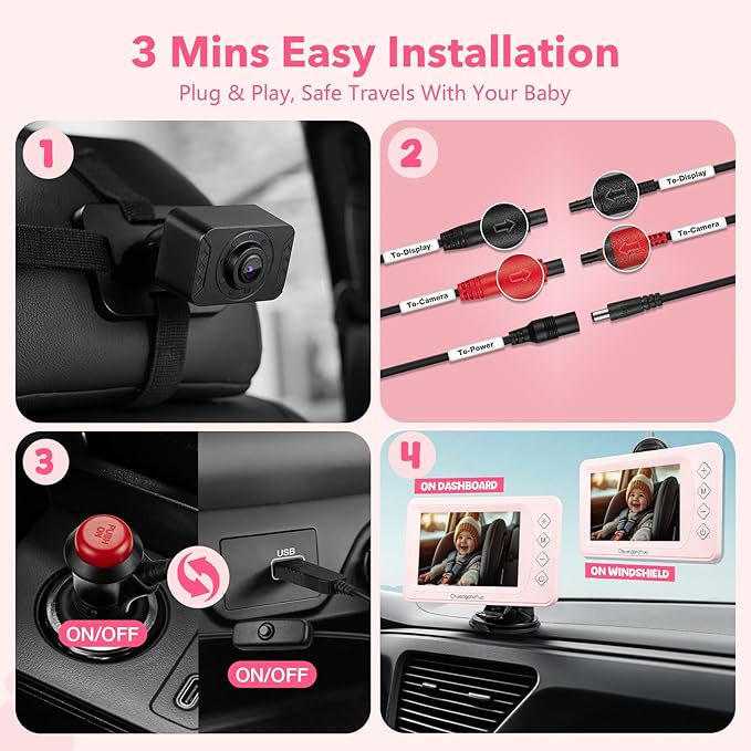 Baby Car Camera with NO.1 Night Vision, 3X Zoom, USB Powered, 5'' HD 1080P IPS Crystal-Clear Car Baby Monitor, Backseat/Carseat Camera for Kids Infants Rear Facing, S100U Light Pink
