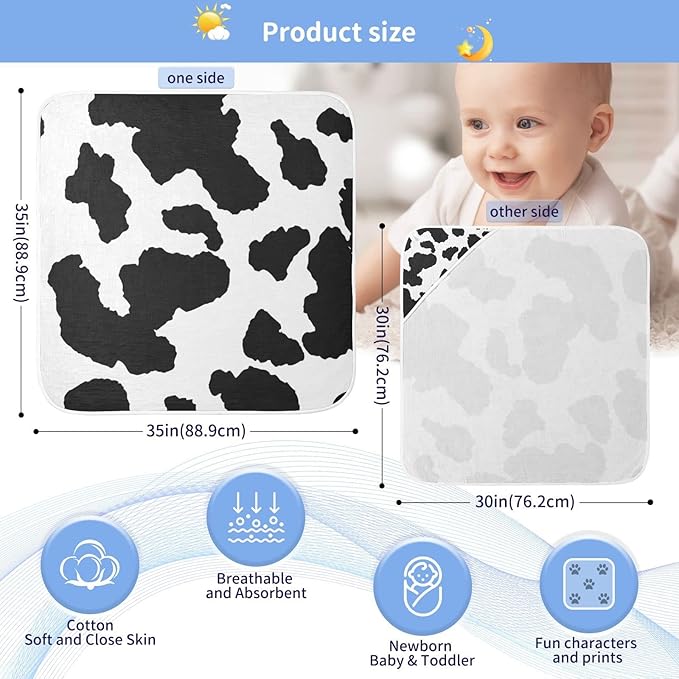 Cow Patter Black White Print Baby Towel Ultra Soft Hooded Towels for Babies - Ultra Absorbent Cotton Bath Towels 30x30 Inch