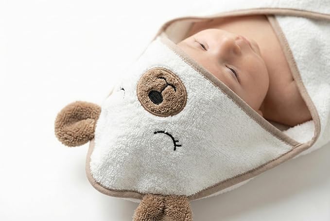 Organic Baby Hooded Bath Towel 30x30 Inch – 100% Organic Cotton, 380 GSM Soft & Absorbent Newborn Towel with Embroidered Hood, (Bear)