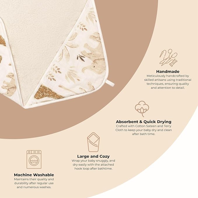 Crane Baby Hooded Towel, 100% Cotton & Terry Cloth Hooded Baby Towels for Boys & Girls, Safari Animal, 30" w x 30" h, Hooded Baby Beach Towel, Baby Pool Towel, Baby Bath Towel, Hooded Towels for Baby