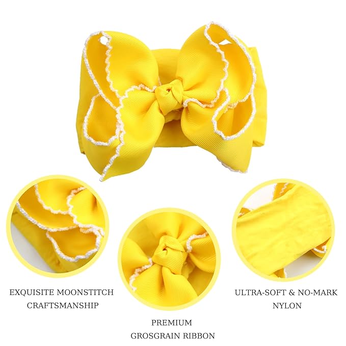 6'' Jumbo Yellow Baby Girls Bow Headbands, Handmade Grosgrain Moonstitch Boutique Baby Headwraps, Super Stretchy Soft Nylon Headbands for Newborns, Infants & Toddlers