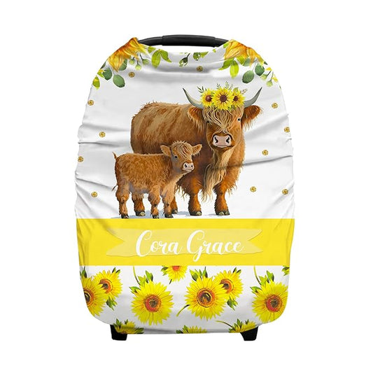Personalized Baby Car Seat Cover for Boys Girls, Custom Nursing Covers for Breastfeeding with Name, Infant Stroller Cover, Baby Carseat Canopy for Newborn, Multiuse Car Seat Canopies, Sunflower Cow