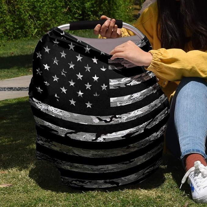 Camouflage Baby Nursing Cover for Breastfeeding, American Flag Camo Breathable Stretchy Nursing Scarf Carseat Canopy for Boys or Girls Stroller Car Seat Covers Independence Day Black Gray Star Stripe