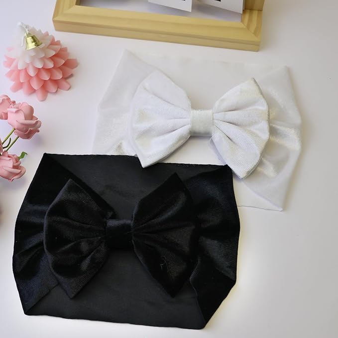 Velvet Blcak Baby Headbands Big Bows for Baby Girls Velvet Soft Hairbands Bows Wide Head Wrap White Hair Accessories for Newborn, Infant Toddlers 0-6Months