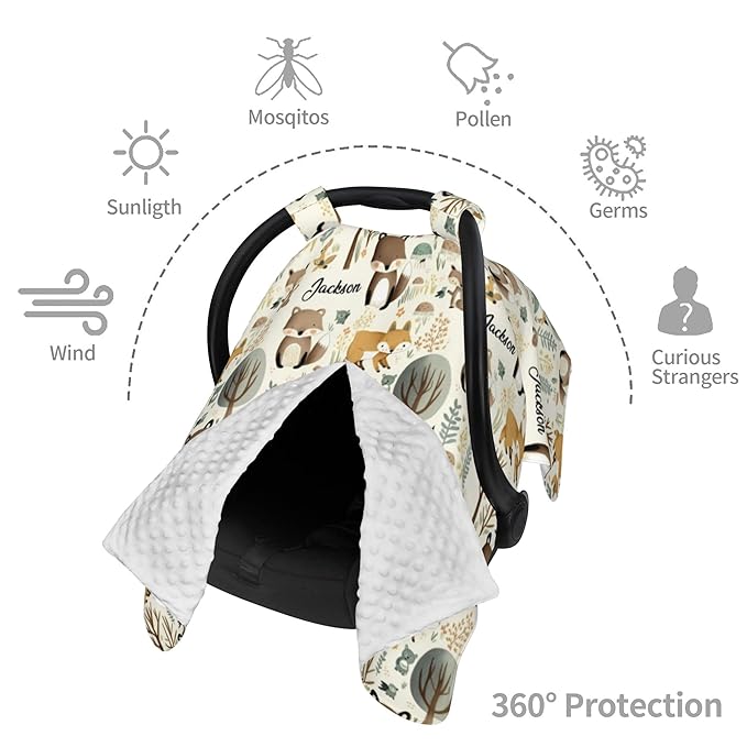 Personalized Winter Carseat Cover for Baby Custom Name Car Seat Canopy for Newborn Baby Boys Girls 2 in 1 Mom Nursing Breastfeeding Covers Woodland Minky Baby Carrier Stroller Covers