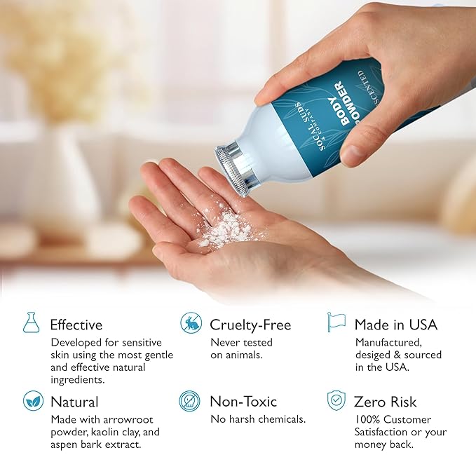 SoCal Suds & Company - Natural Body Powder Talc-Free - with Arrowroot Powder, Kaolin, Aspen Bark Extract for Soft Soothing Delicate Skin - Fragrance Free, 4oz, 1-Pack
