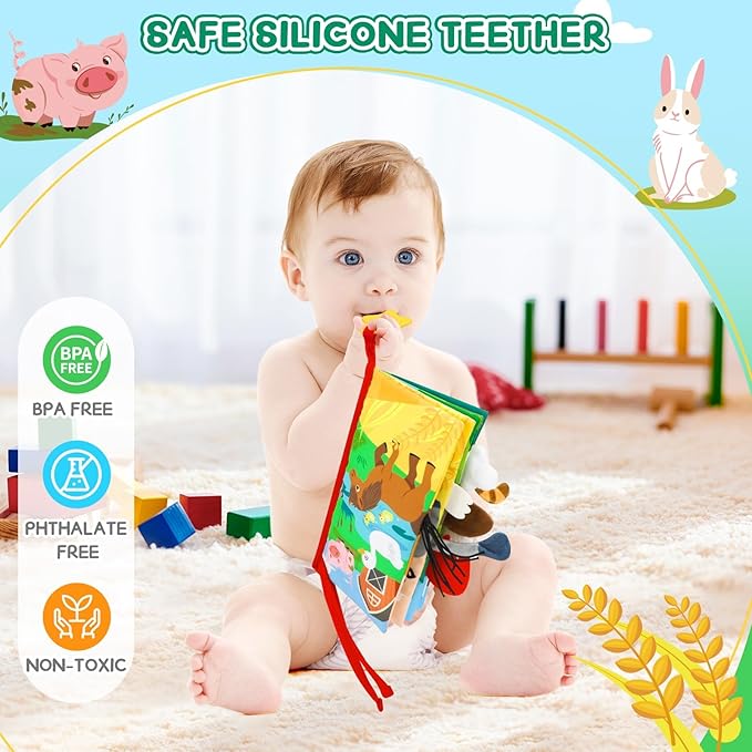 BBWOO Soft Baby Book Toy - Newborn Boy Girl Shower Gift - Tummy Time Toy for Infant 0-6 6-12 Months - Touch and Feel Sensory Crinkle Book with Teether - Baby Boy Girl Gift - Easter Basket Stuffers