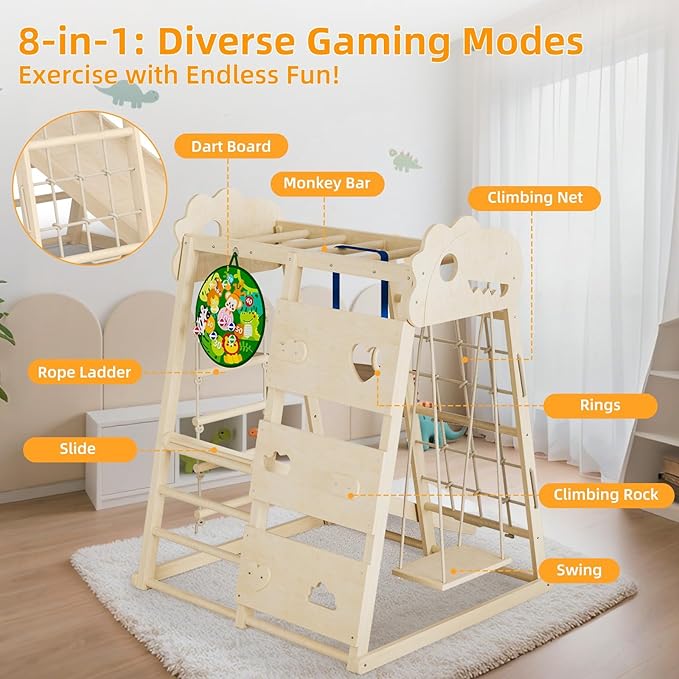 8-in-1 Indoor Playground, Indoor Jungle Gym for Kids, Wooden Montessori Climbing Toys with Rings, Slide,Rope Ladder, Monkey Bar, Climbing Net, Climbing Rock, Swing, Dart Board