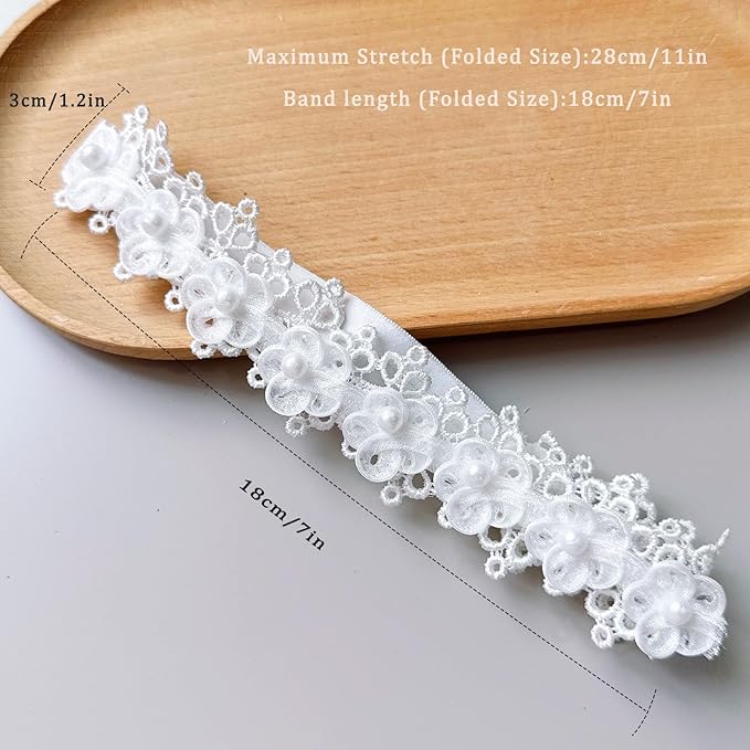Baby Girls Hairband White Bow Lace Headbands Handmade Soft Stretchy Wide Head Band Newborn Hairbands with Bows Pearls Elastic Headband for Infant Hair Accessories (Pearl flowers)