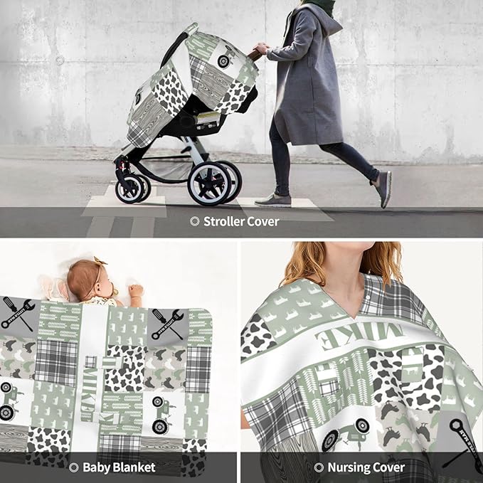 Personalized Baby Car Seat Canopy for Babies, Custom Name Car Seat Covers for Boys and Girls, Opening Minky Nursing Breastfeeding Cover for Infant, Carseat Canopies for Newborn (Farm Theme)