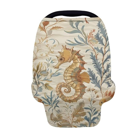 Forchrinse Retro Sea Horse Print Nursing Breastfeeding Cover,Baby Car Seat Canopy Infant Stroller Covers for Newborn,Fit Shopping Cart/High Chair/Stroller