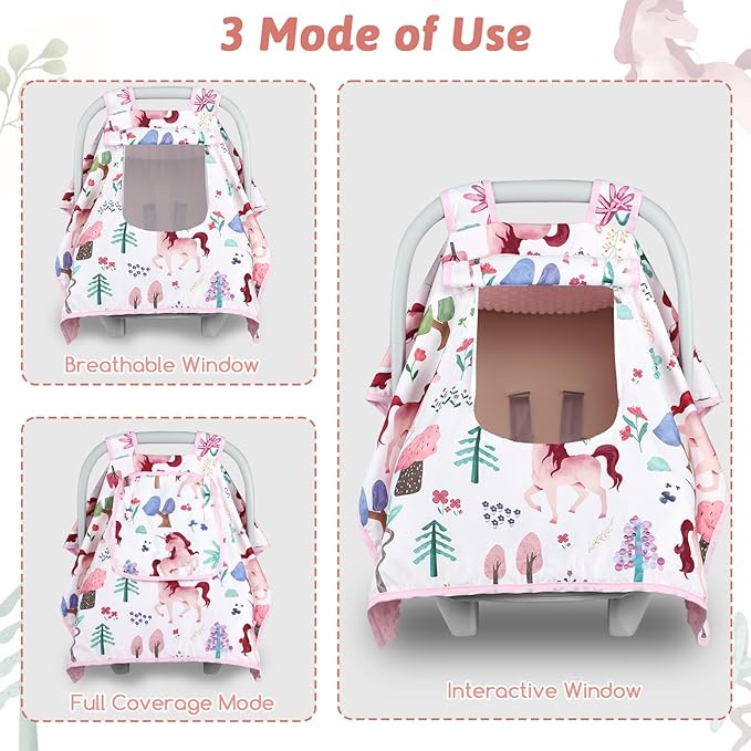 Car Seat Cover Baby,Man Fai Sky Infant Car Seat Covers Girl with Breathable Mesh Peep Window,Windproof and Peek-Proof Newborn Carrier Canopy for 4 Seasons,Pink