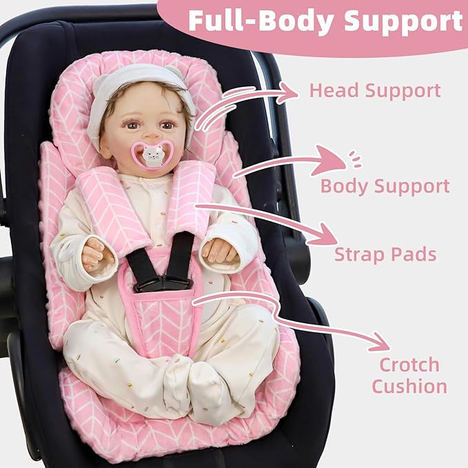4 in 1 Infant Car Seat Insert, Baby Car Seat Head Body Support for Girls & Boys, Reversible Newborn Car Seat Insert with 3 Extra Strap Paddings, Premature Car Seat Cushion (Stripes Pink)