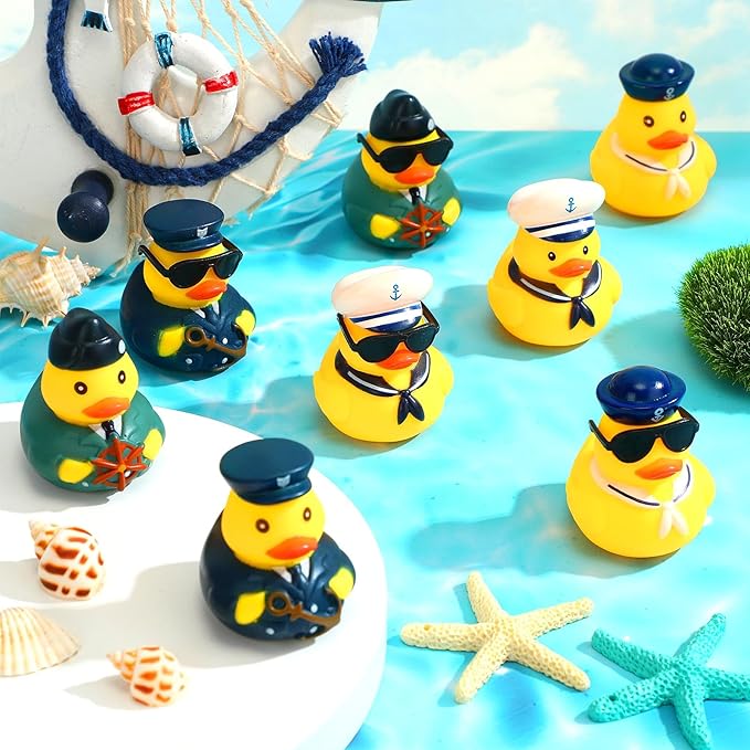 24 Pcs Cruise Sailor Rubber Ducks with Sunglasses 2.4 Inch mini Cruise Ship Nautical Ducks for Hiding Military Uniform Armed Forces Squeaky Bath Toy for Summer Birthday Baby Shower Party