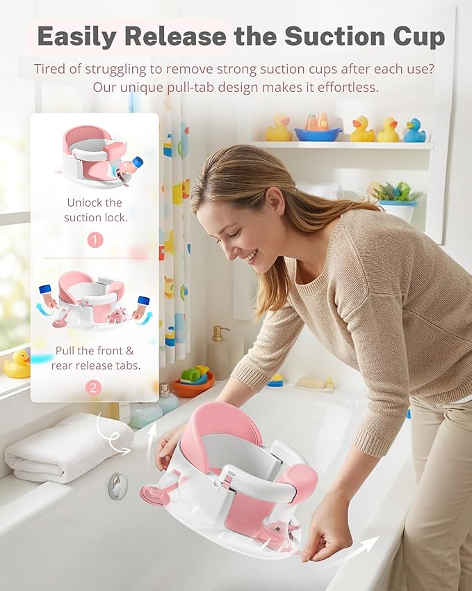 ONTHEWEI Baby Bath Seats for Babies Sitting Up, Non-Slip Baby Bathtub with 3 Suction Cups, Safe & Comfortable Toddler Bath Seat Ideal for Baby Bath/Shower Support, Stable Design, Grey (6-24 Months)