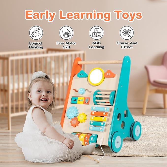 Wooden Baby Walker with Wheels, Walker for Baby Boys 12 Months Push Toy, Sit to Stand Activity Walker Learning to Walk