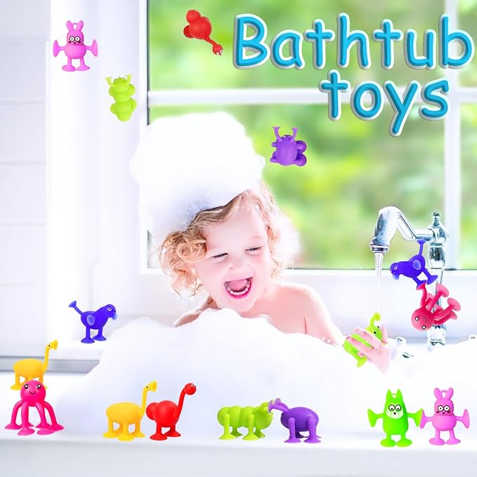 Toddler Suction Cup Bath Toys, Easter Basket Stuffers Animal Bath Toys for Kids Ages 1 2 3 4 5 Mold Free Bathtub Window Building Toys Christmas Stocking Stuffers Boys Girls Large Egg Container