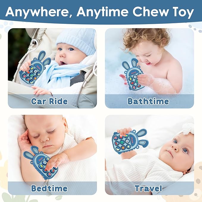 MISSLILI Teething Toys for Babies, BPA-Free Silicone Teether Toy for Infants, Cute Rabbit Phone Design with Easy-Grip Ears, Soothing Gums and Push Pop for Boy and Girl