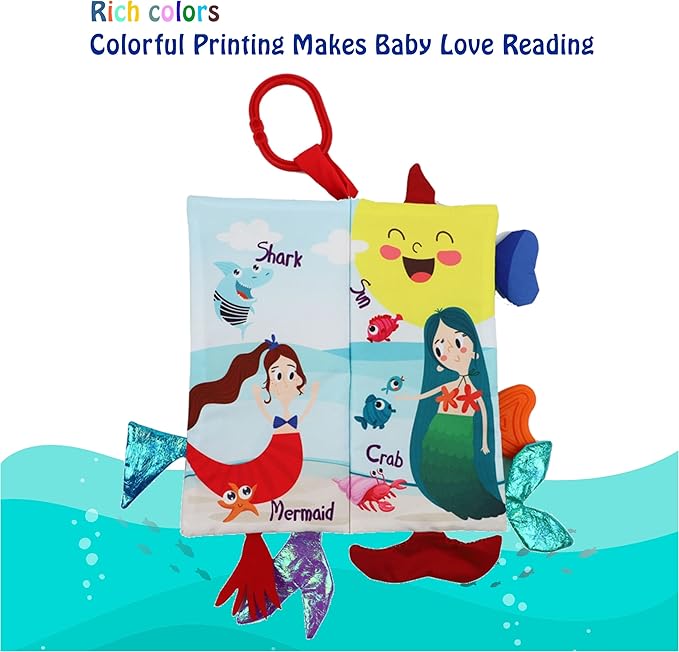 bebe mondo Fish Baby Books Toys 0-6-12-18 Months,Touch Feel Crinkle Soft Cloth Books for Babies Infant Newborn, Baby Girl Boy Shower Toys,Teething Teethers,Stroller Toy-Mermaid