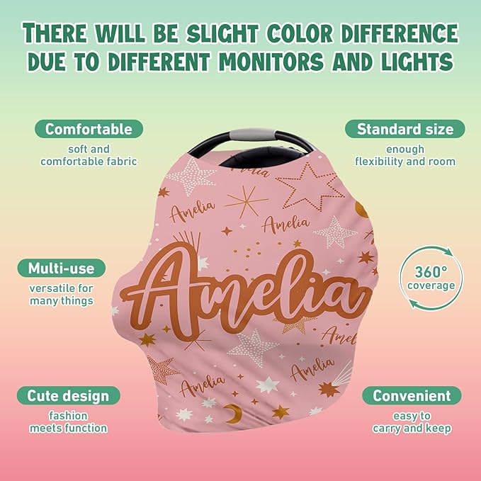 Personalised Car Seat Cover for Babies - Multi-use Pink Carseat Canopy Cover with Name, Car Seat Covers, Christmas Birthday Gifts for Infant Boys and Girls