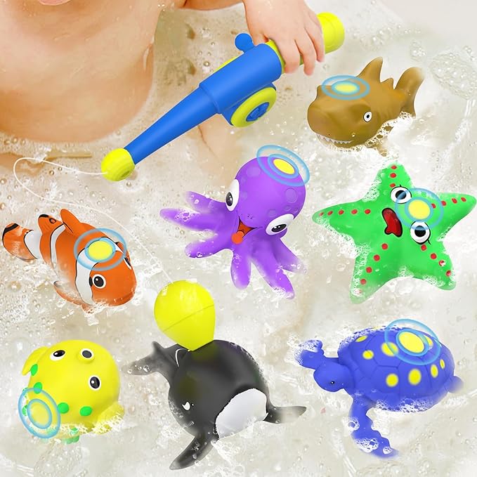 Color Changing No Hole Magnetic Fishing Bath Toys for Kids Toddlers Baby, Color Change Water Table Toys Sea Creatures with Fishing Rod (10 Packs)