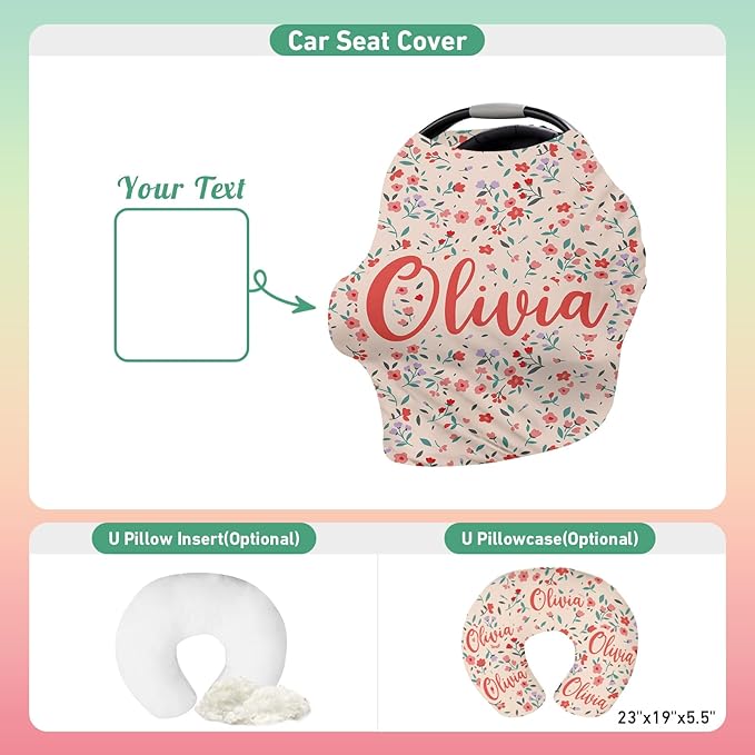 Custom Name Car Seat Canopy - Baby Car Seat Covers, Infant Stroller Cover, Red Pattern Carseat Canopy Christmas Birthday Gifts for Girls and Boys