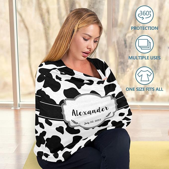 Personalized Baby Car Seat Cover for Babies, Custom Name Baby Car Seats Canopy for Boys Girls, Nursing Breastfeeding Stroller Covers for Infant Newborn, Shower Gift for Baby (Cow Stripes Black)