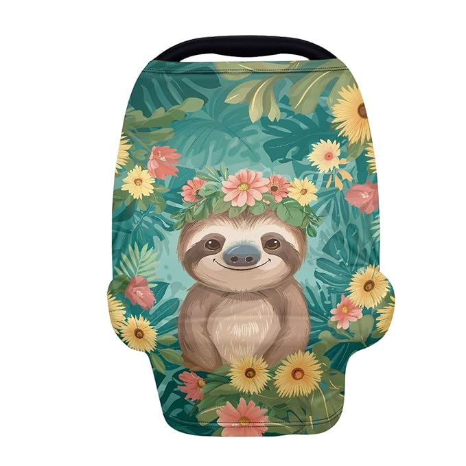 Wanyint Sloth Floral Print Car Seat Covers Canopy Covers for Boys Girls,Breathable Car Seat Covers Canopy-Breathable Soft Nursing Cover for Breastfeeding