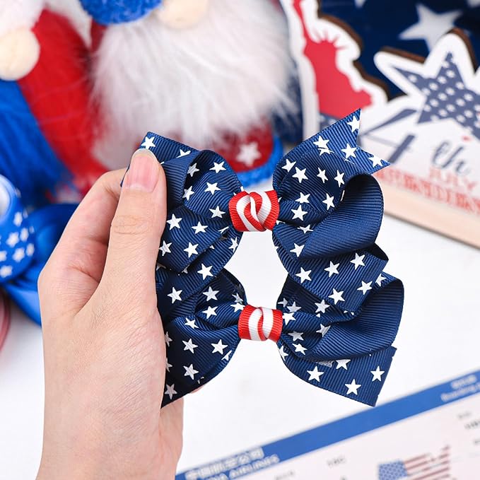 YanJie 2pcs 4th of July Hair Clips 4'' Navy Blue Bow White Stars Baby Girls Clip American Flag Hair Bow Patriotic Accessories Independence Day