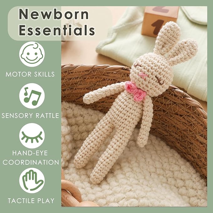 Crochet Sensory Rattle for Baby Early Development - Amigurumi Grip Toy - Soft Cotton Texture Shaker for Fine Motor Skills & Tactile Play - Newborn Essentials (Bunny & Giraffe)