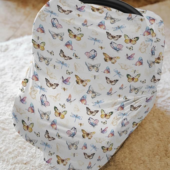 Boho Butterflies Dragonflies Baby Car Seat Covers Vintage Butterflies Stretchy 5-in-1 Cover Adjustable Infant Carseat Cover Canopy Garden Meadow Breathable Nursing Cover-Up