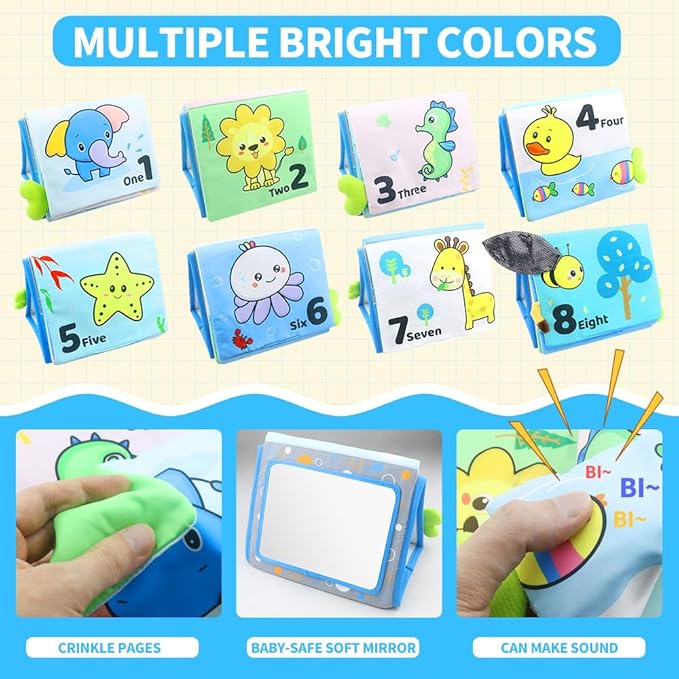 Caterbee Baby Mirror Toys, Inant Tummy time Toy Cloth Book with Mirror, Fun Crinkly Sounds for Early Learning and Developmental Playtime 0 Months up