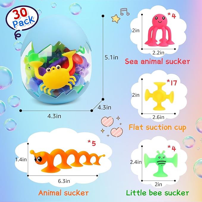 30 PCS Suction Cup Toys, Baby Bath Tub Toy with Eggshell, Silicone Shower Toys for Age 4-8, Suction Cup for 3 4 5 6 7 Year Old Kids Toddlers Boys Girls Gifts Christmas Stuffers