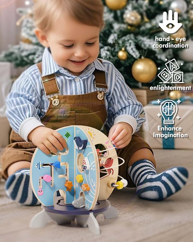 Ocean Wooden Activity Cube Montessori Toys for 1 Year Old Boy & Girl Birthday Gifts