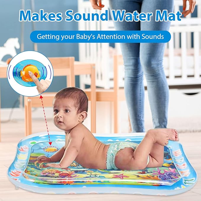 Baby Water Mat Large 37.4"x29.9", Safe Inflatable Tummy Time Water Play Mat for Infants & Toddlers with Climate Pledge Friendly, Newborn Sensory Water Pad for Christmas Gift (Blue)