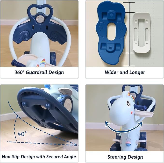 Ancaixin 4 in 1 Rocking Horse Ages 1-3, Baby Rocking Toy Birthday Gift for Toddlers 1-3 Years Old, Balance Bike Ride On Toys with Push Handle, Backrest and Balance Board for Baby Girl and Boy, Blue