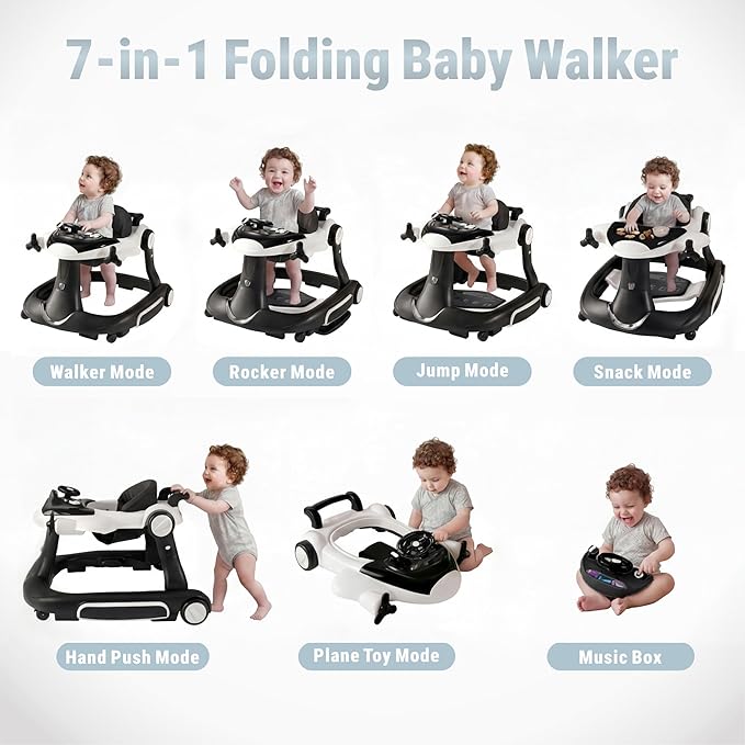 7 in 1 Foldable Baby Walker, Infant Activity Walker w/Adjustable Height, Detachable Play Tray with Music & Light, Baby Push Walker with Wheels for Boys Girls 7-18 Months, Speed Control, Black