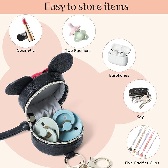 miss fong Pacifier Holder Case with Clip, Pacifier Pouch Cover, Pacifier Charm Pod with Clasp Attach to The Strollers & Diaper Bags, Hold 2 Pacifier or Nipple Shield(Bow Black)