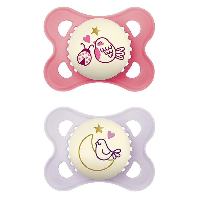 MAM Pacifiers 0-6 Months 4-Pack with Glow-in-Dark + 2-Pack Self-Sterilizing Case and Night Pacifiers for Baby Girl
