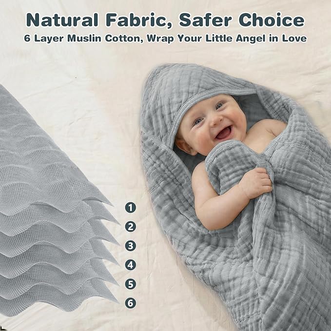 Hooded Baby Bath Towels for Newborn, 2 Pack - 6-Layer 100% Muslin Cotton, Soft Absorbent Baby Towels with Hood for Babies, Infants & Toddlers, Large 32x32 Inch Unisex Newborn Baby Bath Essentials